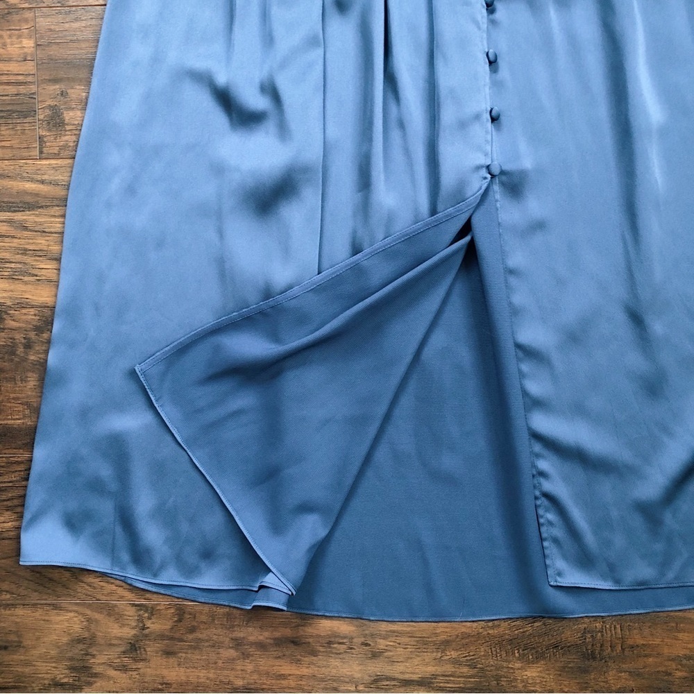 Kate Spade • Belted Satin Midi Dress ruffle trim short sleeve Antique Blue - Picture 8 of 16
